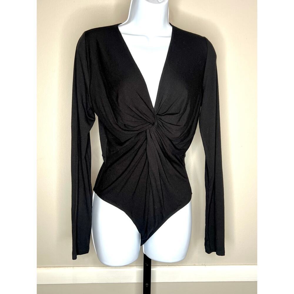 Free People Movement Black Ruched Twist Front Bodysuit Long Sleeve Size M NWOT